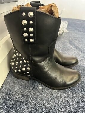 Black Studded Leather Mid-Calf Boots